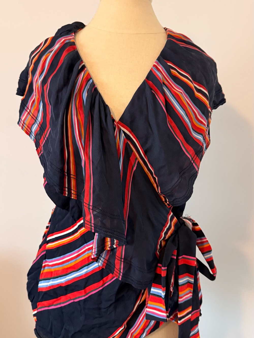 Tory Burch Navy Multicolor Striped Wrap Blouse